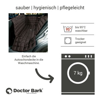 Schwarze Autositzabdeckung für Haustiere, die in einem Fahrzeug angezeigt wird, mit Text, der ihre waschbaren Eigenschaften bis 95°C und trocknergeeignet hervorhebt.