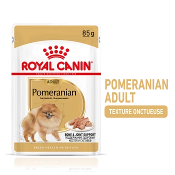 Emballage de nourriture pour chien Royal Canin Pomeranian Adult, présentant une illustration de chien Pomeranian, taille 85 g, et un texte mettant en avant le soutien des os et des articulations.