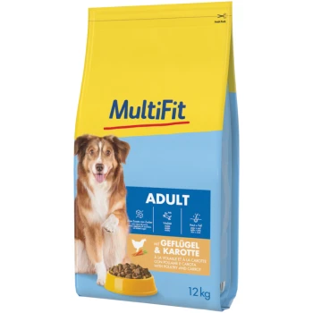 Hundefuttertüte mit der Aufschrift "MultiFit Adult" und einem Hund auf der Vorderseite, mit Zutaten aus Geflügel und Karotte, Größe 12 kg.