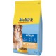 Dog food bag labeled "MultiFit Adult" featuring a dog on the front, with ingredients of poultry and carrot, 12 kg size.