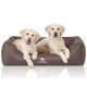 Zwei Golden Retriever Welpen sitzen zusammen in einem gemütlichen braunen Hundebett, mit dem Logo "KNUFFELWUFF" auf der Vorderseite sichtbar.