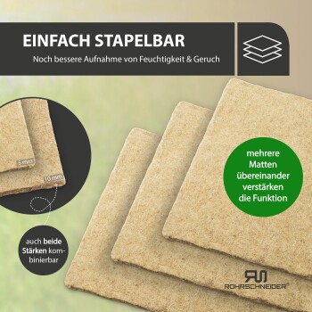 Gestapelte beige saugfähige Haustiermatten mit Banner 'EINFACH STAPELBAR' und Untertext 'Noch bessere Aufnahme von Feuchtigkeit & Geruch'