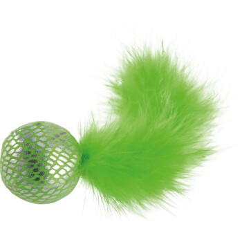 Jouet pour chat vert vif avec une balle brillante à motif en filet et une queue en plume duveteuse.
