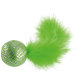 Bright green cat toy featuring a shiny ball with a net pattern and a fluffy feather tail.