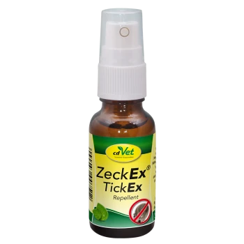 Braune Glas-Sprühflasche mit weißem Verschluss, cdVet-Etikett ZeckEx TickEx Repellent und durchgestrichenem Zeckensymbol