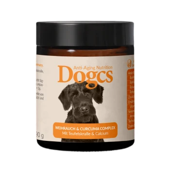 Ein 90g Glas Dogcs Anti-Aging Ernährung für Hunde, mit einem schwarzen Hund auf dem Etikett und hervorgehobenen Hauptzutaten.