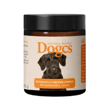 Ein 90g Glas Dogcs Anti-Aging Ernährung für Hunde, mit einem schwarzen Hund auf dem Etikett und hervorgehobenen Hauptzutaten.