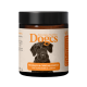 Ein 90g Glas Dogcs Anti-Aging Ernährung für Hunde, mit einem schwarzen Hund auf dem Etikett und hervorgehobenen Hauptzutaten.