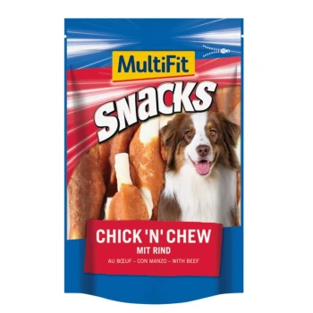 Snacks Chick 'n' Chew mit Rind 2x100 g Eine bunte Haustiersnackverpackung mit einem lächelnden Hund, beschriftet mit "MultiFit Snacks Chick 'N' Chew mit Rind".