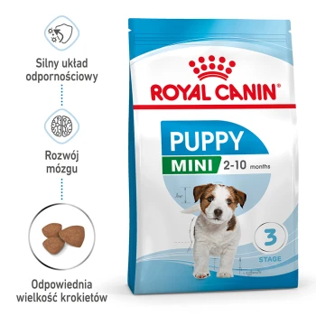 Mini Puppy 4 kg Torba karmy dla szczeniąt Royal Canin Puppy Mini z obrazkiem szczeniaka, promująca wsparcie odporności, rozwój mózgu i idealny rozmiar krokietów.