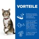Eine getigerte Katze mit Halsband steht auf den Hinterbeinen neben blauem Text, der Vorteile auflistet: Zahngesundheit, frischer Atem und Omega-6 für ein glänzendes Fell.