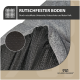 Graue Haustiermatte mit rutschfester Unterseite, die eine Nahaufnahme des strukturierten schwarzen Bodens zeigt. Der Text hebt "Rutschfester Boden" und seine Vorteile hervor.