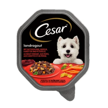 Cesar Hundefutterverpackung mit "Landragout" mit Rindfleisch, Nudeln, Karotten und Petersilie, neben einer Portion auf einem roten Teller.