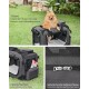 Ein flauschiger Pomeranian schaut aus einer schwarzen Tragetasche mit drei Türen, die auf grünem Gras steht, mit Seitentaschen und selbstverriegelnden Reißverschlüssen.