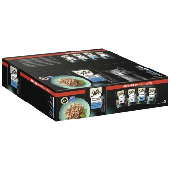 Sheba Katzenfutter Maxi-Pack mit 60 x 85g Beuteln, mit einem Teller mit Nassfutter und einem Katzenbild auf der Box.