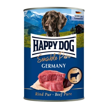 Sensible Pure Nassfutter Hund Adult 6x400 g Rind Eine Dose Happy Dog Sensible Pure Hundefutter mit einem braunen Hund auf dem Etikett, mit Text, der 'Rind Pur - Beef Pure' und 'Made in Germany' angibt.