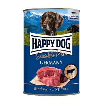 Puszka karmy dla psów Happy Dog Sensible Pure z brązowym psem na etykiecie, z tekstem wskazującym 'Rind Pur - Beef Pure' i 'Wyprodukowano w Niemczech.'