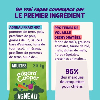 Infographie sur nourriture pour chiens comparant les ingrédients : à gauche « Agneau frais 40 % » avec un sac Edgard & Cooper vert (AGNEAU, ADULTES, 2,5 kg) ; à droite « Protéines de volaille déshydratées » et « 95 % des marques de croquettes ».