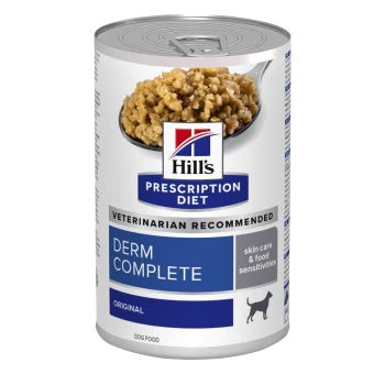 Hill's Prescription Diet Derm Complete Hundefutterdose, mit dem Etikett 'Vom Tierarzt empfohlen' für Hautpflege und Nahrungsmittelunverträglichkeiten.