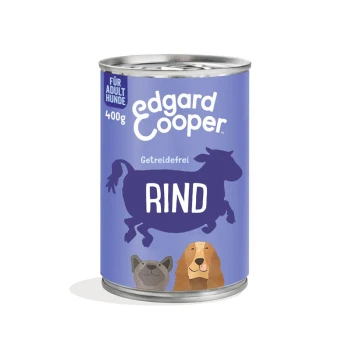 Adult 6x400g Rind 400g Dose Edgard Cooper Hundefutter mit lila Design, "RIND" für Rindfleischgeschmack und Illustrationen eines Hundes und einer Katze.