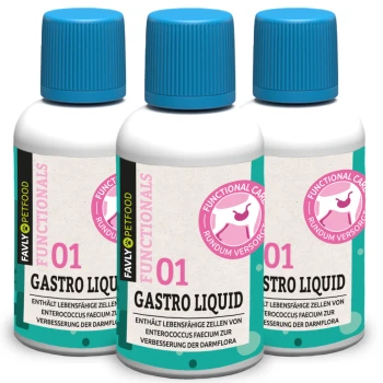 GASTRO Liquid 3x30 g Drei Flaschen des Haustierergänzungsprodukts "Gastro Liquid," beschriftet mit "01" und "Functional Care," mit Text über Enterococcus faecium für die Darmgesundheit.