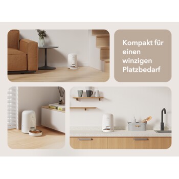 Automatischer Haustierfutterspender in modernem Wohnumfeld mit Text "Kompakt für einen winzigen Platzbedarf".
