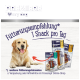 Ein Golden Retriever sitzt neben drei "Chew Snack"-Paketen von PREMIERE, mit Fütterungsanweisungen auf Deutsch.