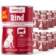Rot-weiße Dosen von Supravit Rind Premium-Hundefutter mit Hund- und Kuh-Illustration, deutschem und englischem Text.