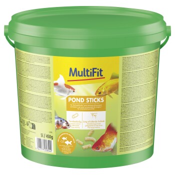 Grüner Eimer MultiFit Pond Sticks Fischfutter für Zierfische im Teich, 5L/450g, mit Bildern von Goldfischen auf dem Etikett.