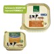 Zwei Tierfutterbehälter von Real Nature, mit "Rind mit Schinken" für Erwachsene, mit einem grünen Etikett, das "Verbesserte Formel" angibt.