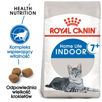 Torba z jedzeniem dla kotów Royal Canin Home Life Indoor 7+ z szarym kotem tabby, z tekstem podkreślającym zdrową dietę i rozmiar krokietów.