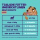 Infografik für Bravo Biscuits mit täglichen Fütterungsempfehlungen: kleine Hunde 1-5 Kekse, mittel 5-11, große 11-15, sehr große 15-18.