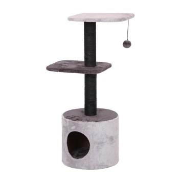 Europet Kratzbaum TREND BIRCH Grauer Katzenbaum mit zwei Plattformen, einem Kratzbaum und einem gemütlichen Versteck an der Basis, mit einem baumelnden Pom-Pom-Spielzeug.