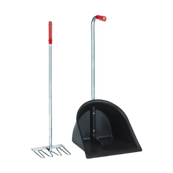Bollensammler Mistboy schwarz Ein Set aus Schaufel und Rechen für Haustierabfälle mit einer schwarzen Plastikscoop und einem Metallrechen mit roten Gummigriffen an den Griffen.