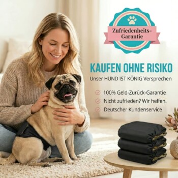 Lächelnde Frau mit Mops im schwarzen Bauchband und gefalteten Hundewindeln; deutscher Text 'Kaufen ohne Risiko' und 'Zufriedenheits‑Garantie'.