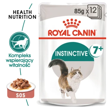Puszka karmy dla kotów Royal Canin Instinctive 7+, 85g x 12, z ilustracją biegającego kota i napisem "Zdrowa dieta".