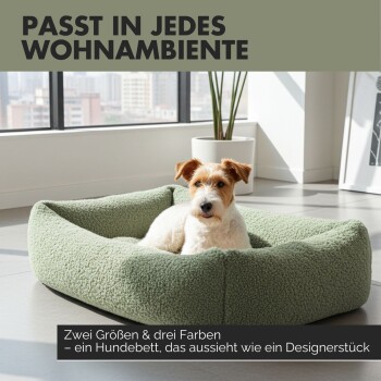 Ein Stapel von drei plüschigen Hundebetten in beige, oliv und braun, mit einem kleinen runden Bild eines grünen Bettes. Text hebt Größen und Farben hervor.