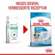 Zwei Hundefutterbeutel: links "Pediatric Junior Small Dog," rechts "Royal Canin Puppy Mini." Text oben: "NEUES DESIGN, VERBESSERTE REZEPTUR."