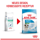 Zwei Hundefutterbeutel: links "Pediatric Junior Small Dog," rechts "Royal Canin Puppy Mini." Text oben: "NEUES DESIGN, VERBESSERTE REZEPTUR."