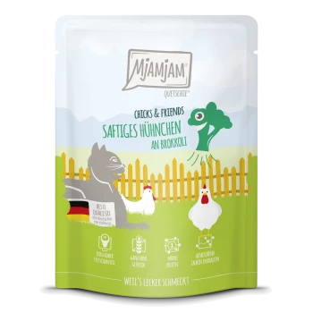 Verpackung für Mjamjam Haustierfutter mit "Chicks & Friends" mit Huhn und Brokkoli, enthält deutschen Text zu Qualität und Zutaten.