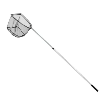 Teichkescher grob Ein schwarzes Netz für Fische mit einem langen silbernen Griff, entworfen zum Fangen von Fischen oder aquatischen Haustieren.