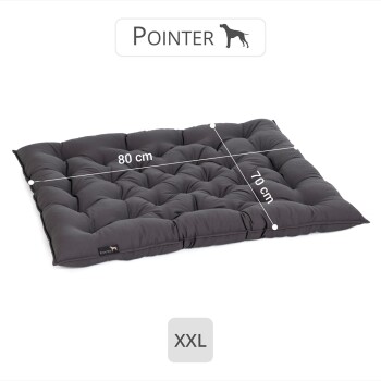 Ein plüschiges, dunkelgraues Hundebett mit der Bezeichnung "Pointer" und den Abmessungen 80 cm mal 70 cm, gekennzeichnet als XXL.
