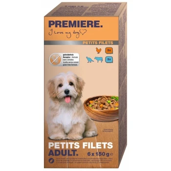 Une boîte de nourriture pour chiens 'Premiere Petits Filets' avec un chien mignon, sans céréales, contenant 6 paquets de 150g chacun.