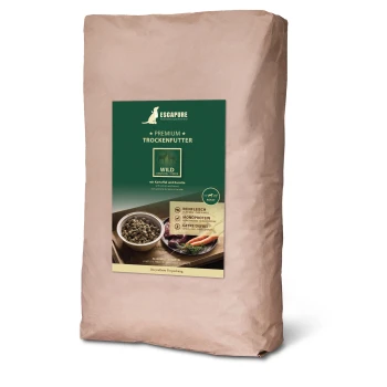 Premium-Trockenfutterbeutel für Haustiere mit der Aufschrift "ESCAPURE WILD", der Zutaten wie Kartoffeln und Karotten enthält, geeignet für erwachsene Haustiere.