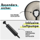 Bild eines Haustierprodukts, das eine Halsband-Schlaufe zeigt, beschriftet mit "Besonders sicher" und einer schwarzen Luftpumpe mit "Inklusive Luftpumpe" und "Einfach Aufpumpen."