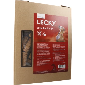 Boîte en carton de friandises pour chiens "LECKY Extra-hard n° 64", avec une fenêtre montrant les friandises à l'intérieur et des informations nutritionnelles au dos.