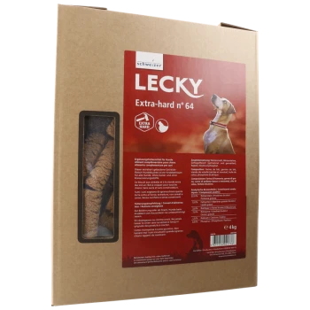 Pappschachtel mit "LECKY Extra-hart n° 64" Hundeleckerlis, mit einem Fenster, das die Leckerlis im Inneren zeigt, und Nährwertinformationen auf der Rückseite.