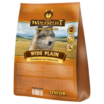 Wide Plain Senior, Pferd mit Süßkartoffel 2 kg Wolfsblut Premium-Hundefutterbeutel beschriftet mit "Wide Plain," mit Pferdefleisch und Süßkartoffeln, mit einem Wolf-Bild und der Bezeichnung "Senior."