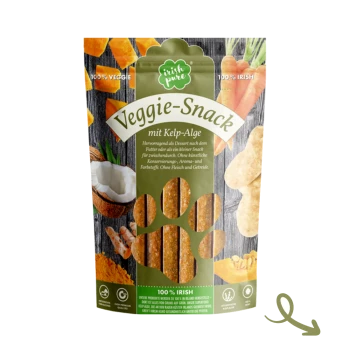 Kelp-Algen verpackter Gemüsesnack mit Pfotenabdruckdesign, mit Kokosnuss und Karotten, beschriftet mit 100% Gemüse und irisch.