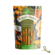 Kelp-Algen verpackter Gemüsesnack mit Pfotenabdruckdesign, mit Kokosnuss und Karotten, beschriftet mit 100% Gemüse und irisch.